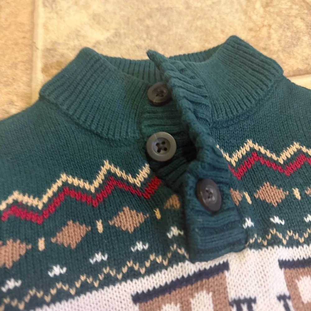 The Childrens Place Kids Green Fair Isle Train Knit Button Mock Sweater 9-12M